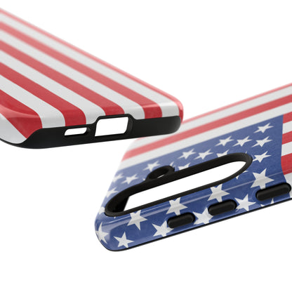 American flag tough phone case for iPhone and Samsung, patriotic protective cover with durable design by Printify.