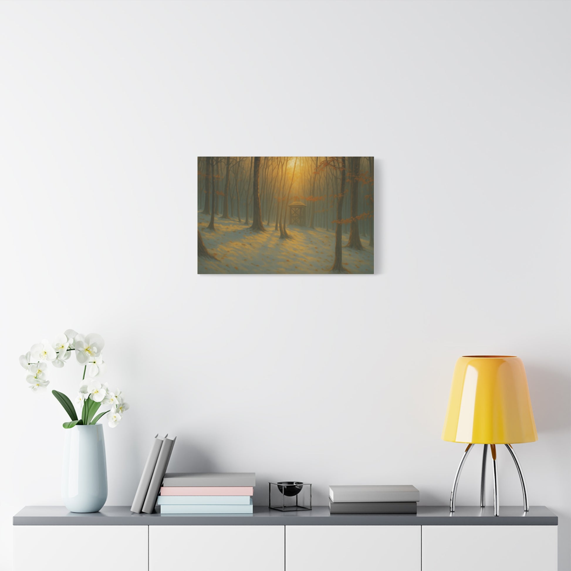 Matte stretched canvas print of a Misty Forest Sunrise landscape, featuring vibrant colors and detailed forest scenery.