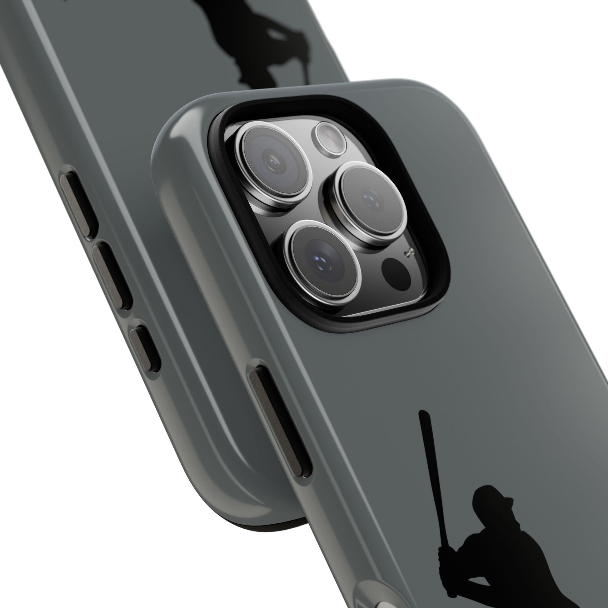 Black baseball silhouette tough phone case for iPhone, protective sporty design by Printify shown on a smartphone.