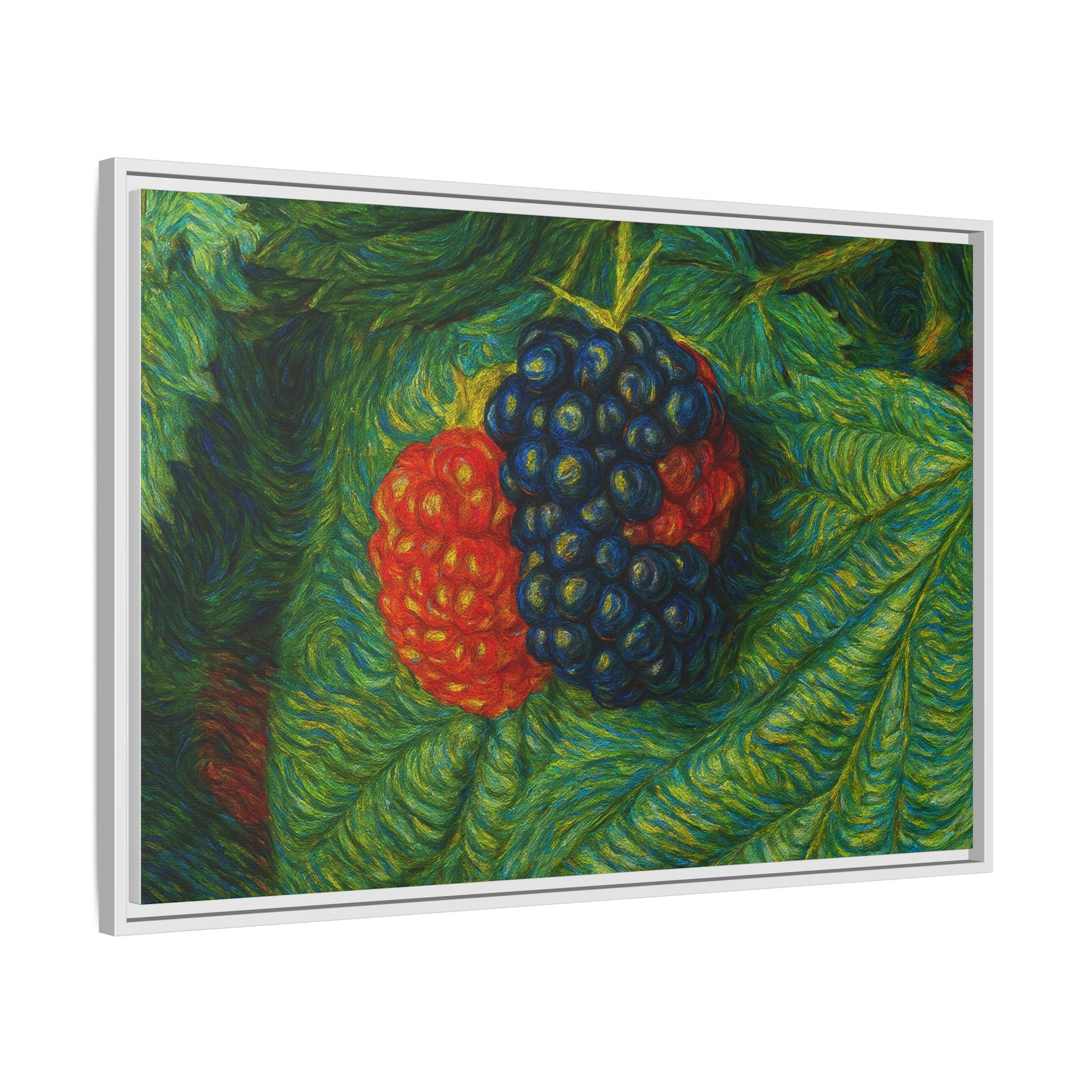 Framed canvas print of a blackberry still life by Printify, featuring detailed blackberries on a textured canvas background.