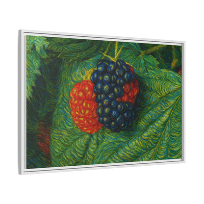 Framed canvas print of a blackberry still life by Printify, featuring detailed blackberries on a textured canvas background.