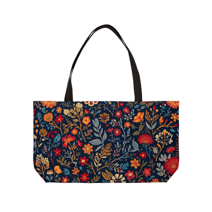 Printify floral weekender tote bag with colorful floral pattern, spacious design ideal for travel, beach, gym, or shopping.