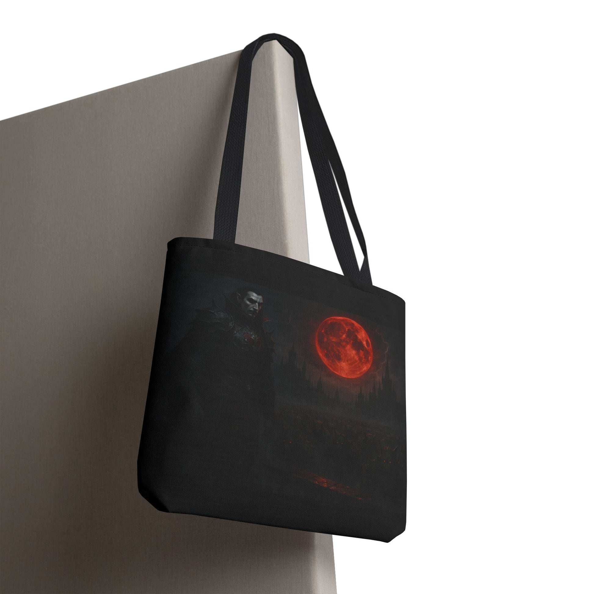 Gothic Dracula tote bag with moonlit vampire art, perfect Halloween gift, made by Printify, showing a spooky vampire design on black fabric.