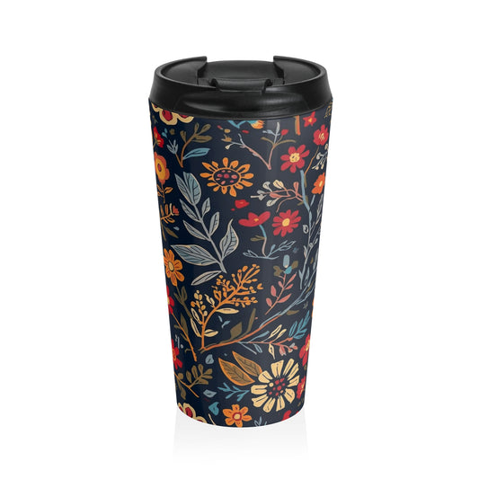 Floral Nightfall stainless steel travel mug with autumn wildflower design, insulated tumbler for hot and cold drinks.
