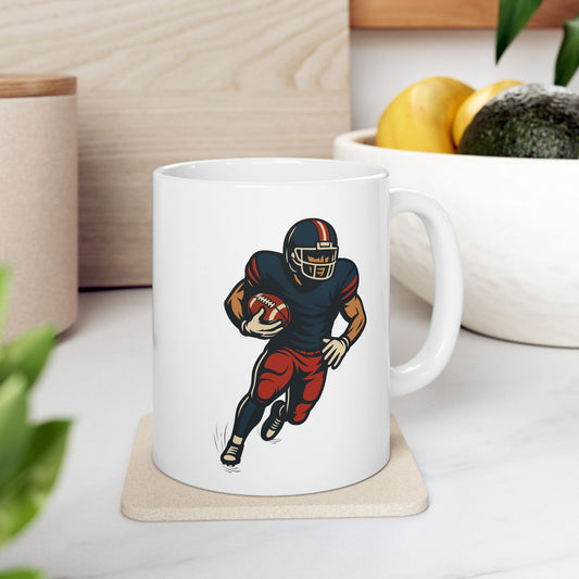Football player mug featuring a sports-themed design, perfect for game day fans, by Printify.