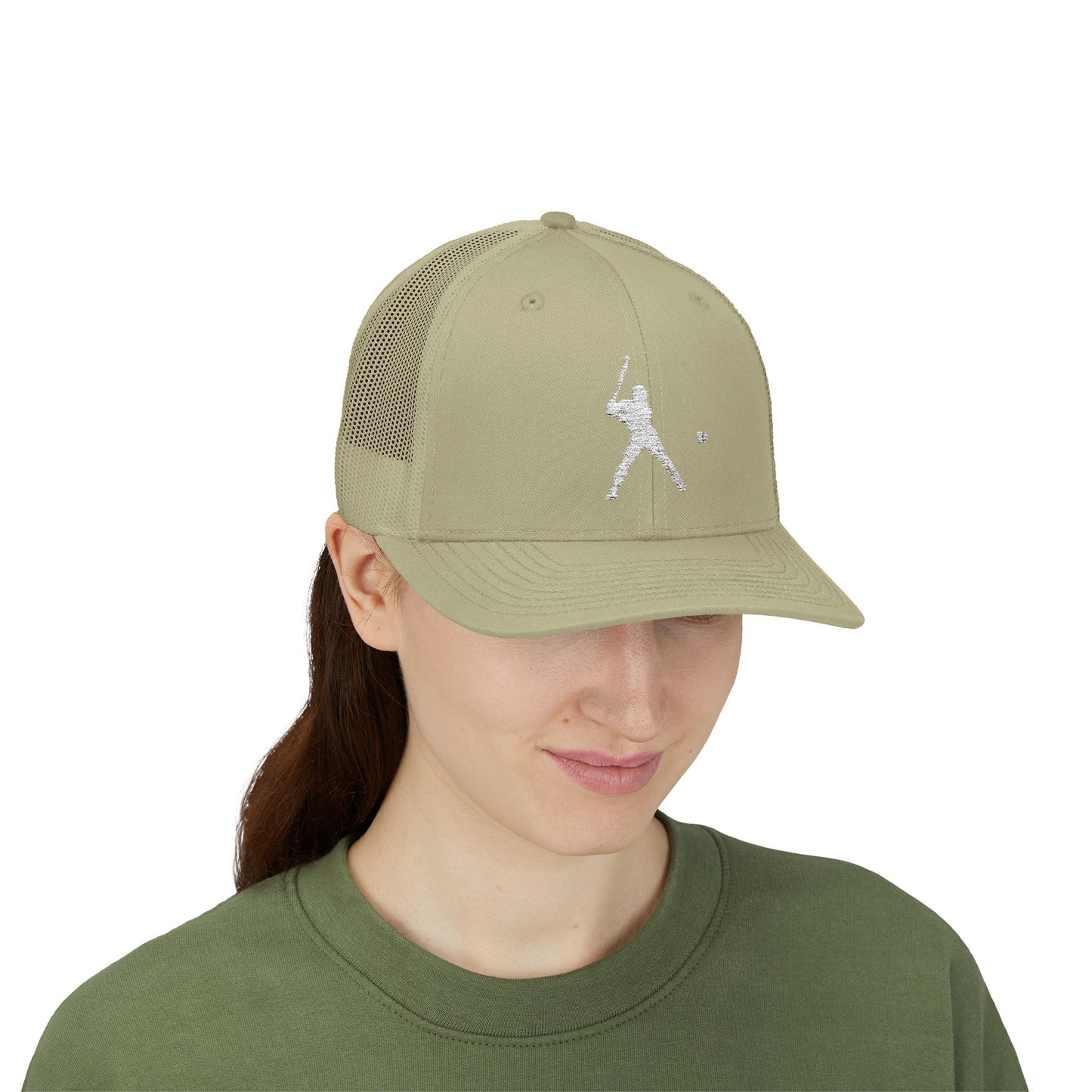 Vintage batter silhouette baseball snapback trucker cap by Printify, featuring a classic design and adjustable mesh back.
