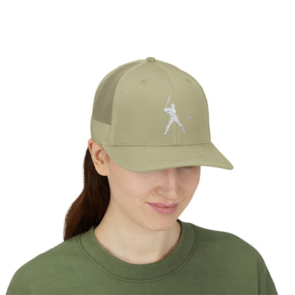 Vintage batter silhouette baseball snapback trucker cap by Printify, featuring a classic design and adjustable mesh back.