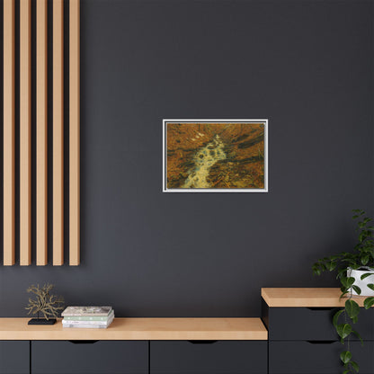 Framed matte canvas print of autumn stream landscape artwork, featuring vibrant fall colors and a serene natural scene.