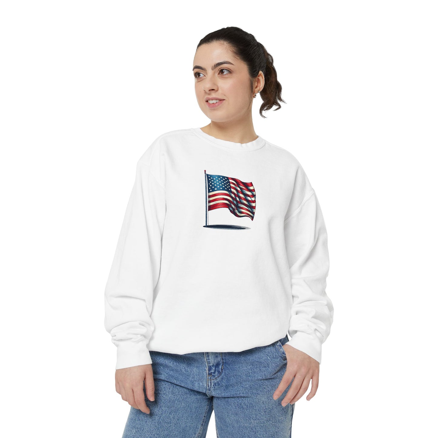 Patriotic Unisex Garment-Dyed Sweatshirt with Vintage American Flag, Cozy Fall Outfit, Statement Sweater, Gift for Veterans, Casual Fashion - TRV