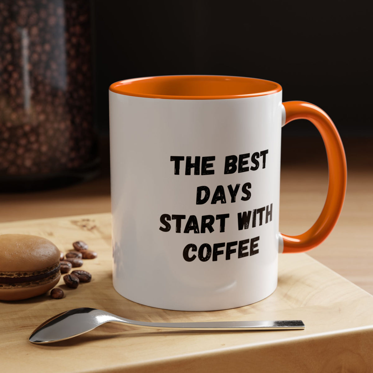 Ceramic coffee mug with "The Best Days Start With Coffee" print, 11oz, featuring a white background and colorful design.