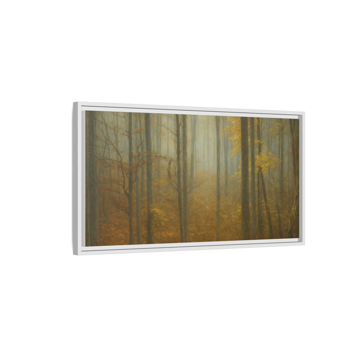 Framed matte canvas wall art of a misty autumn forest scene, featuring warm fall colors and detailed trees by Printify.