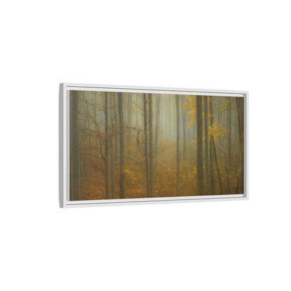 Framed matte canvas wall art of a misty autumn forest scene, featuring warm fall colors and detailed trees by Printify.