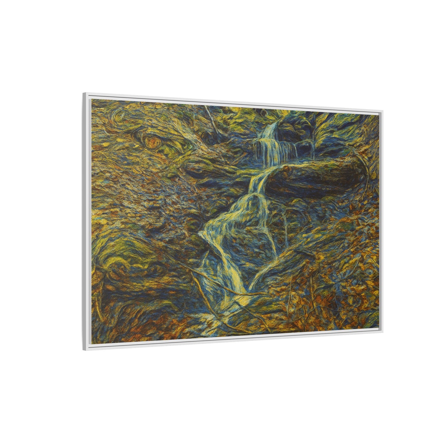 Framed matte canvas wall art featuring an autumn forest with a waterfall, showcasing vibrant fall leaves and natural scenery.
