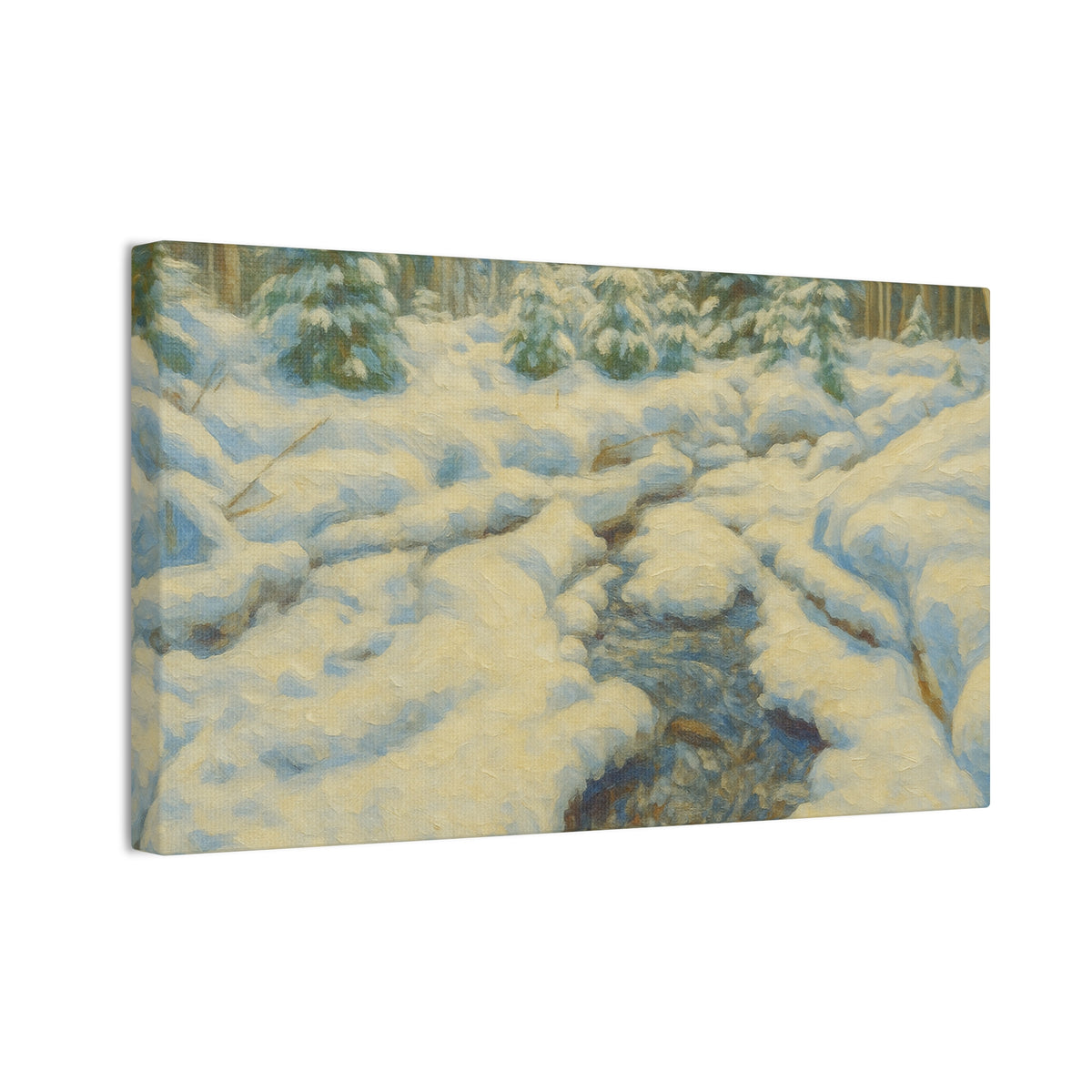 Winter landscape canvas wall art featuring a snowy forest stream, printed by Printify, showcasing a serene winter forest scene.