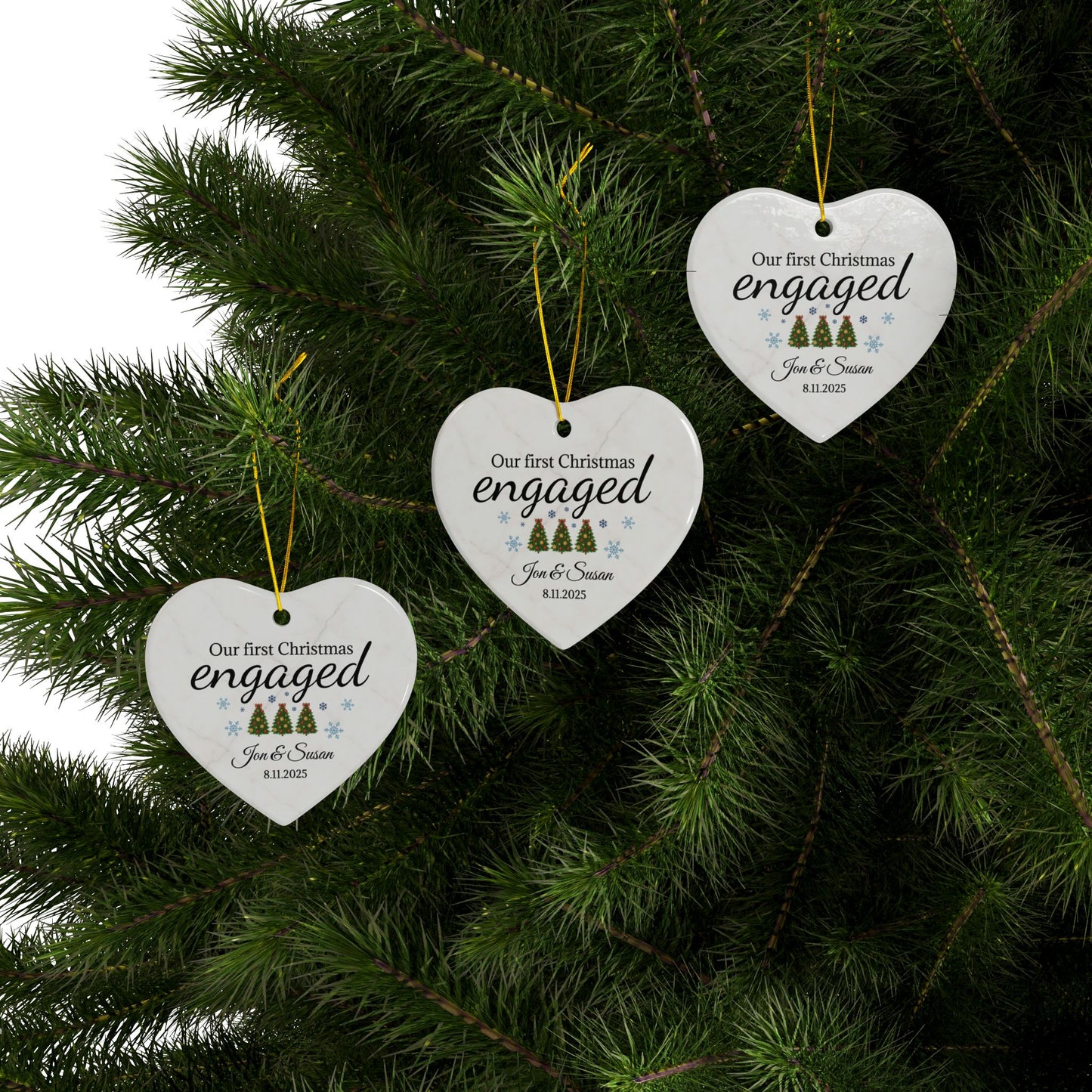 Ceramic Christmas ornament featuring an engaged heart design, perfect for celebrating first Christmas together.