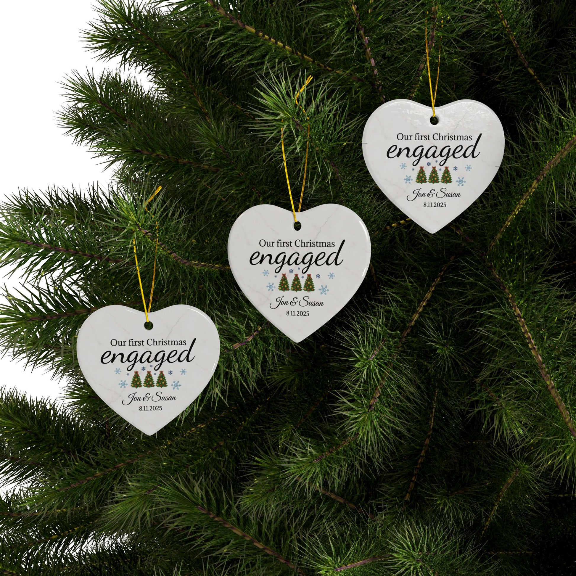 Ceramic Christmas ornament featuring an engaged heart design, perfect for celebrating first Christmas together.