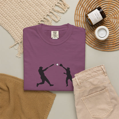 Minimalist baseball player silhouette T-shirt by Printify, featuring a simple graphic design on a casual unisex tee.