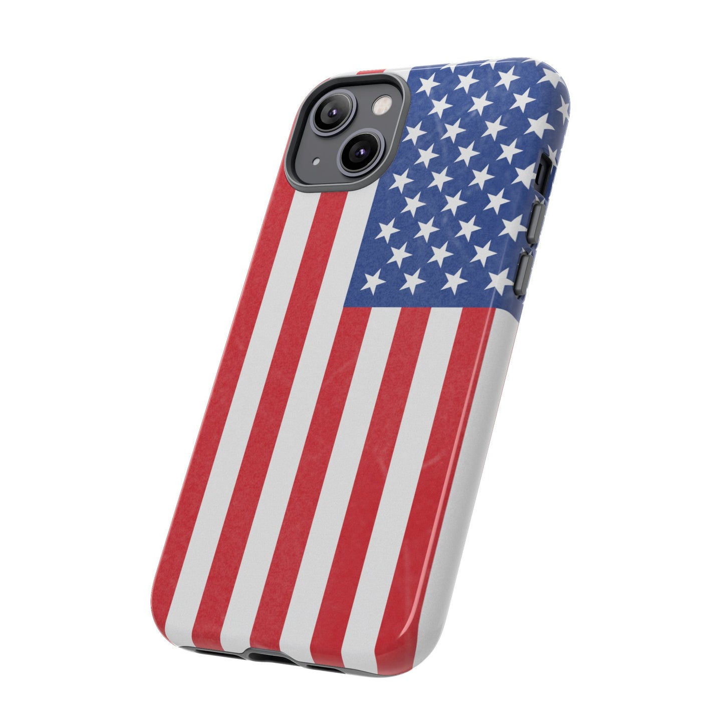 American flag tough phone case for iPhone by Printify, durable patriotic cover with bold red, white, and blue flag design.