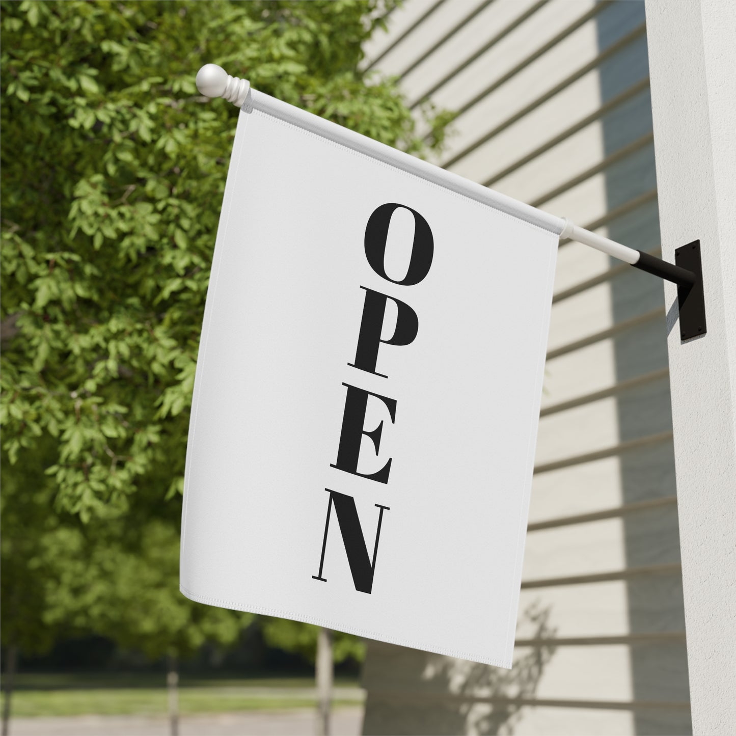 Open for Business garden flag by Printify, welcoming yard sign with "Open for Business" message, ideal for garden or house display.