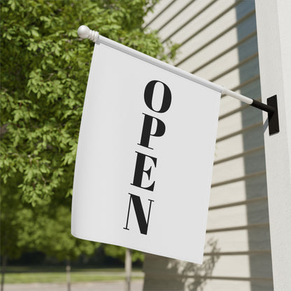 Open for Business garden flag by Printify, welcoming yard sign with "Open for Business" message, ideal for garden or house display.