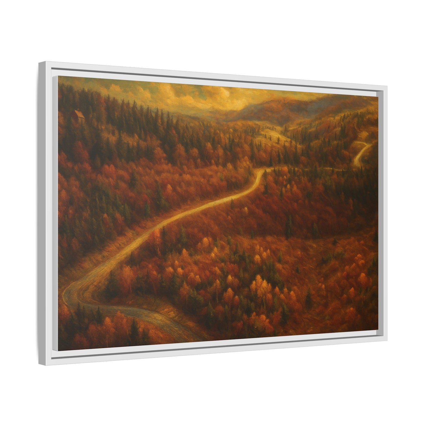 Framed matte canvas print of autumn forest road landscape wall art by Printify, showcasing vibrant fall colors and natural scenery.