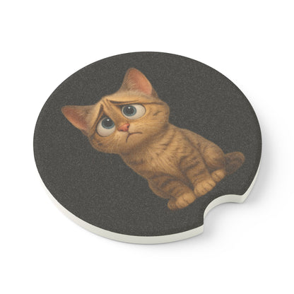 Cute sad kitten soapstone car coaster featuring a cat design, perfect for pet-themed drink holders in cars.