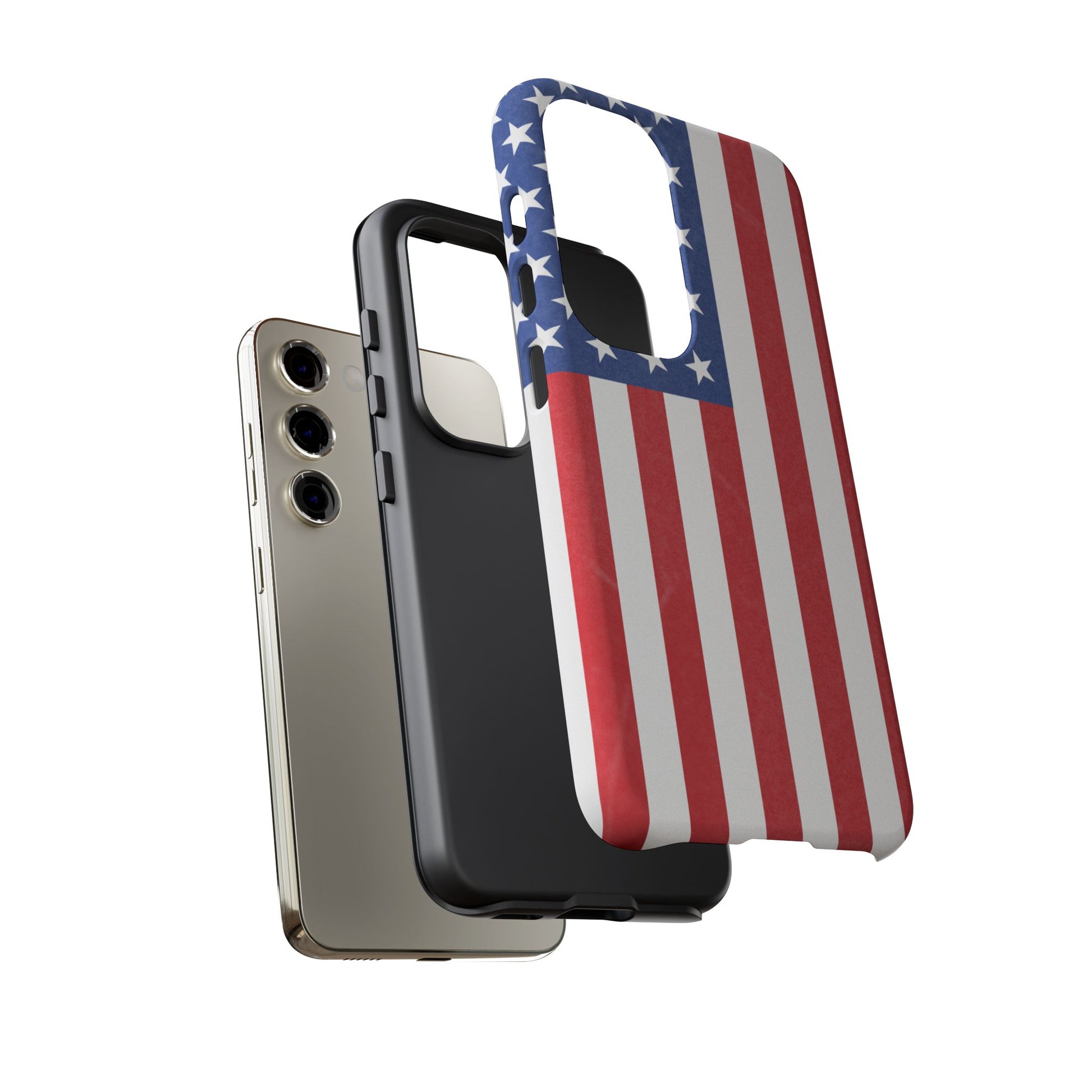 American flag tough phone case for iPhone and Samsung, patriotic protective cover with bold flag design by Printify.