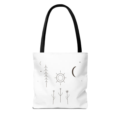 Minimal moon and sun botanical tote bag with celestial line art design, featuring eco-friendly canvas material and sturdy handles.