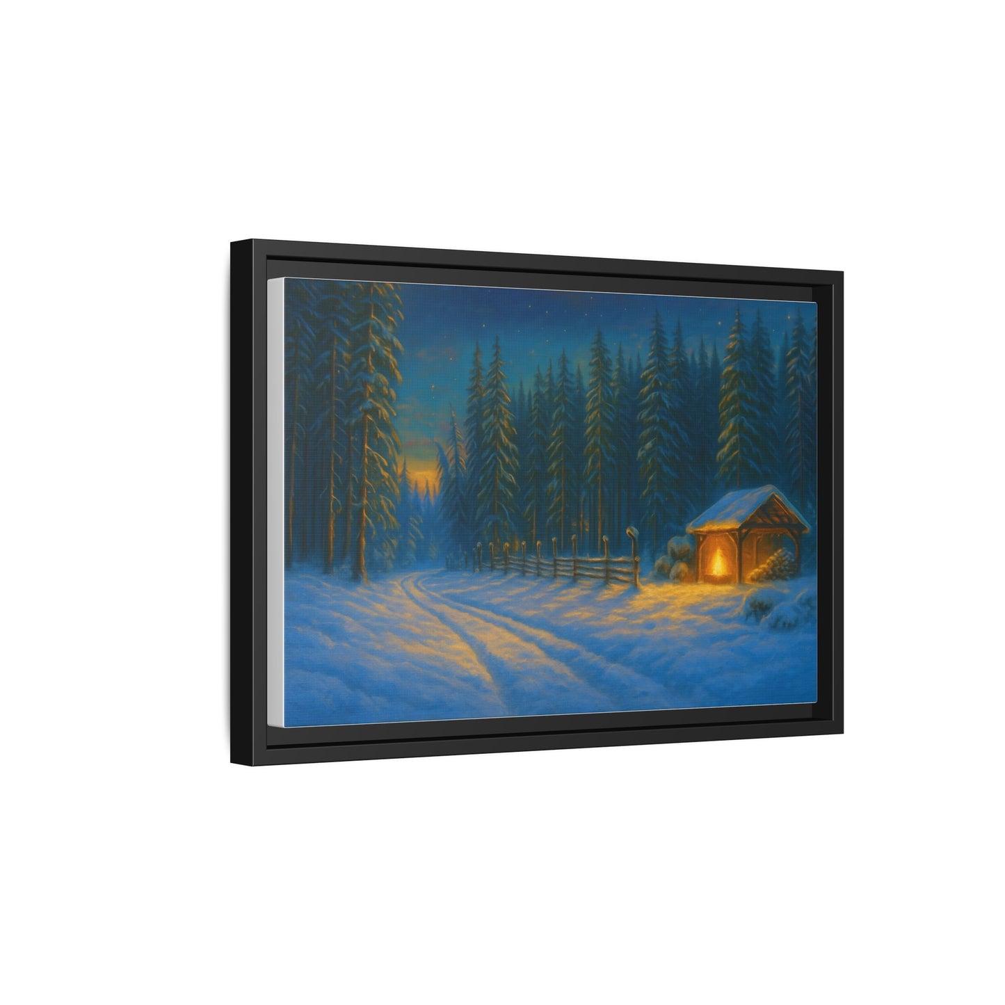 Cozy winter cabin matte framed canvas wall art featuring a snowy forest scene at evening, designed by Printify.