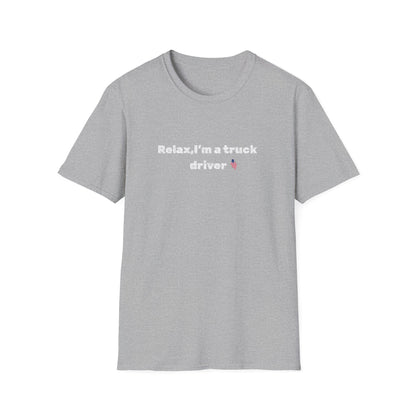 Pink heart on a white truck driver T-shirt with humorous "Relax, I'm a Truck Driver" slogan, casual fit, Printify brand.