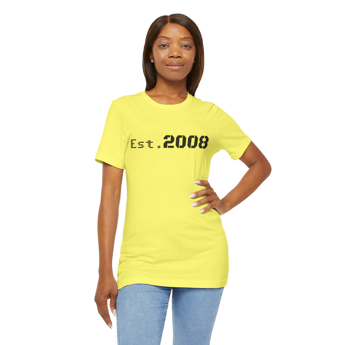 Black graphic T-shirt by Printify featuring "Established 2008" minimal design on the front.