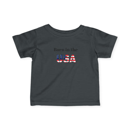 Infant patriotic baby T-shirt with "Born in the USA" print, soft cotton kids' clothing from Printify, suitable for little ones.
