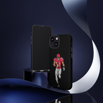 Black football player tough phone case for iPhone, protective sports-themed case by Printify, featuring athletic design and durable material.