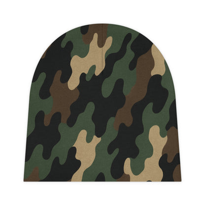 Camo baby beanie by Printify, all-over printed newborn hat with camouflage pattern, perfect for baby showers and newborn photography.