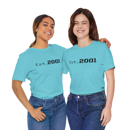 Retro minimalist Est. 2001 graphic T-shirt by Printify featuring clean design and bold birth year text on a casual tee.