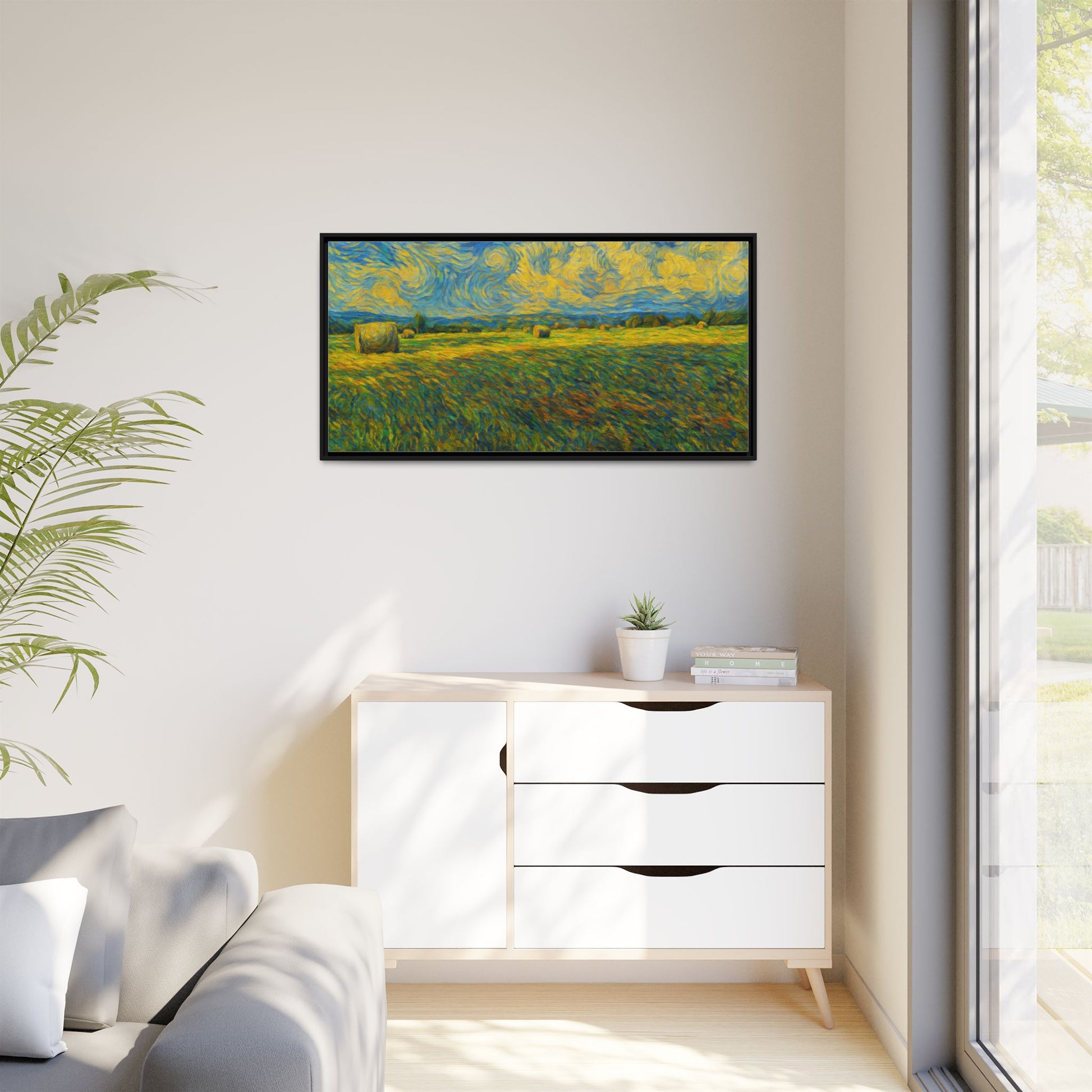 Framed multi-color landscape matte canvas print by Printify showcasing a scenic natural view with vibrant colors.