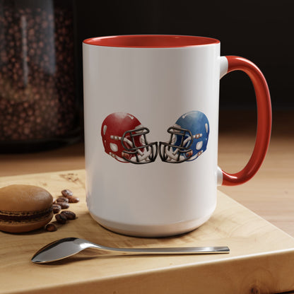 Football Helmet Coffee Mug — Red vs Blue Rivalry Accent Mug (11/15oz)