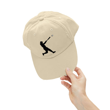 Distressed baseball cap with silhouette batter design, casual hats by Printify featuring a worn, vintage look.