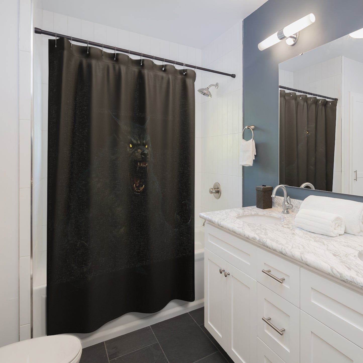 Gothic werewolf shower curtain with moonlit night design, ideal for dark, stylish bathroom decor.