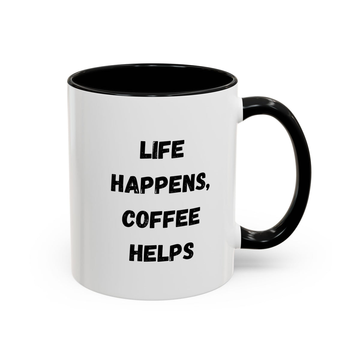 Black ceramic mug with "Life Happens Coffee Helps" slogan, 11oz or 15oz size, with a black handle and rim, by Printify.