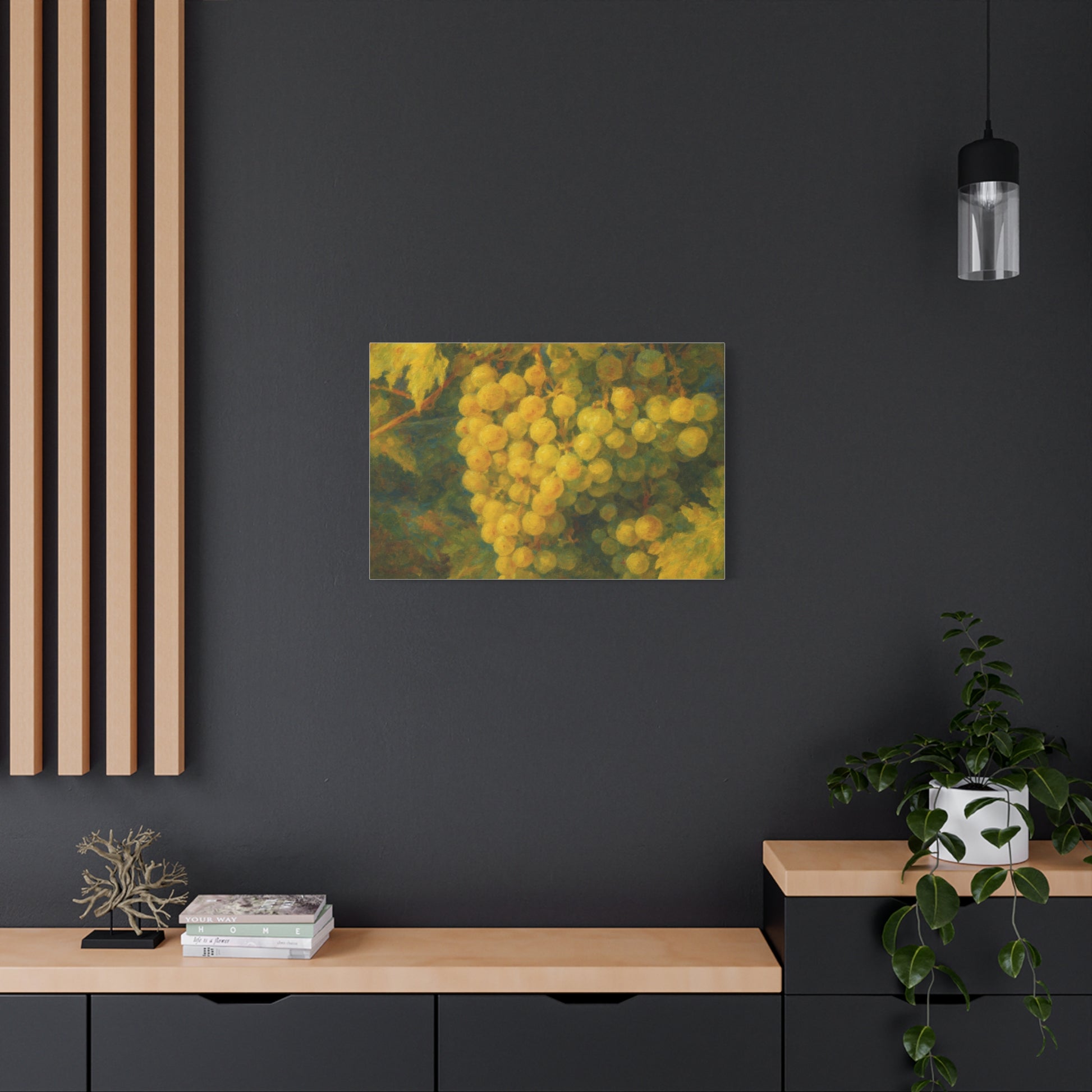 Yellow grape cluster canvas print by Printify, featuring a detailed image of ripe yellow grapes on a textured canvas background.