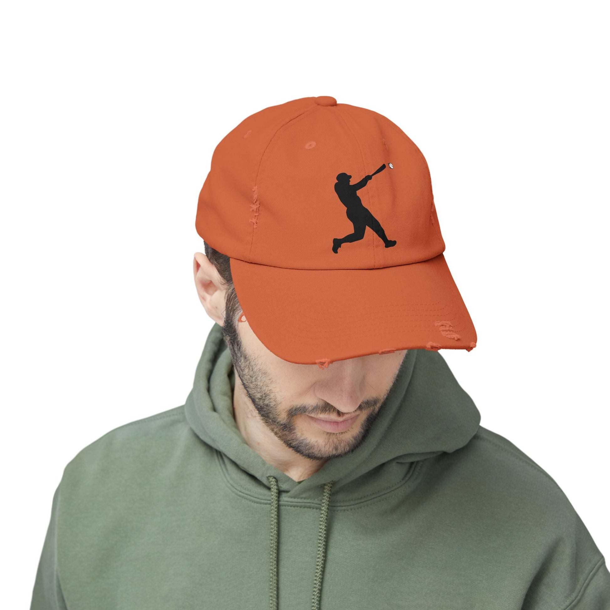 Distressed baseball cap with silhouette batter design, casual hat by Printify featuring worn fabric and sports-themed artwork.