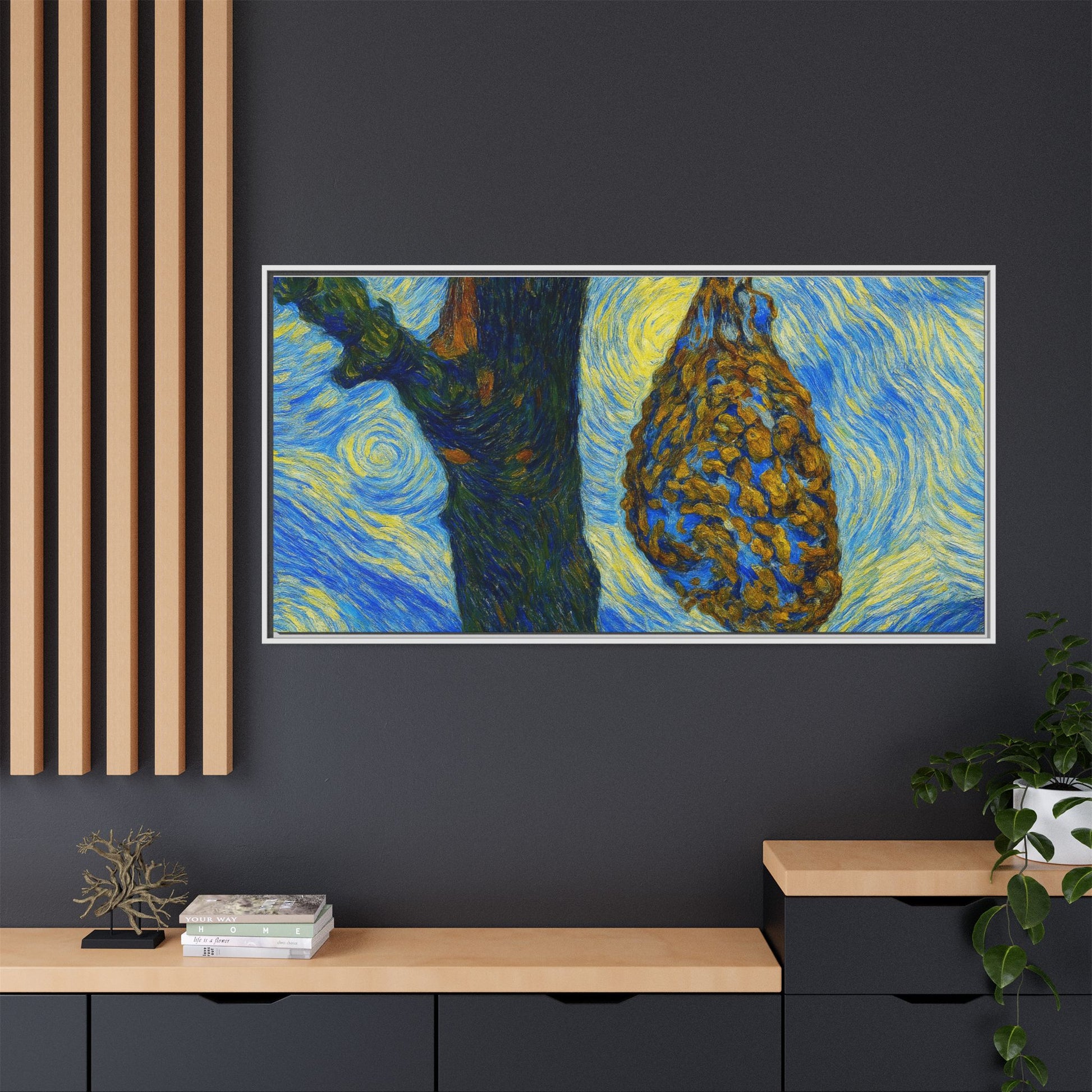 Framed matte canvas art of a starry nut cluster featuring dried plums in a tree, printed by Printify.