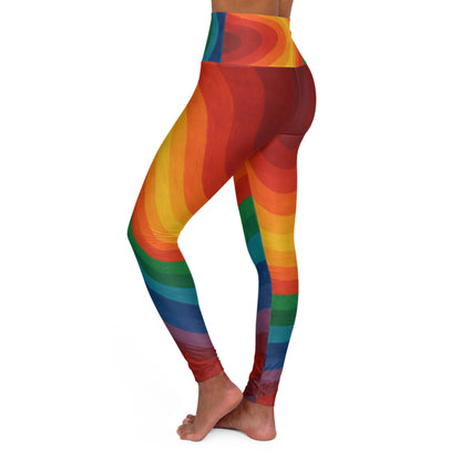 Colorful Rainbow High-Waisted Yoga Leggings with vibrant all-over print, designed for comfortable yoga and active wear.