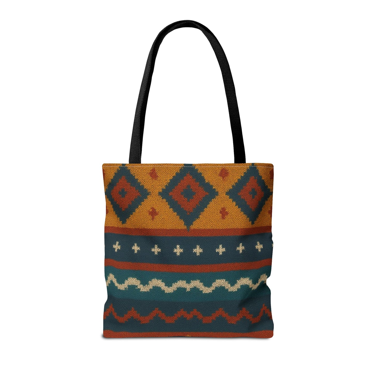 Southwestern diamond pattern tote bag with Aztec tribal geometric print, featuring sturdy handles and vibrant design.