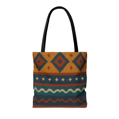 Southwestern diamond pattern tote bag with Aztec tribal geometric print, featuring sturdy handles and vibrant design.