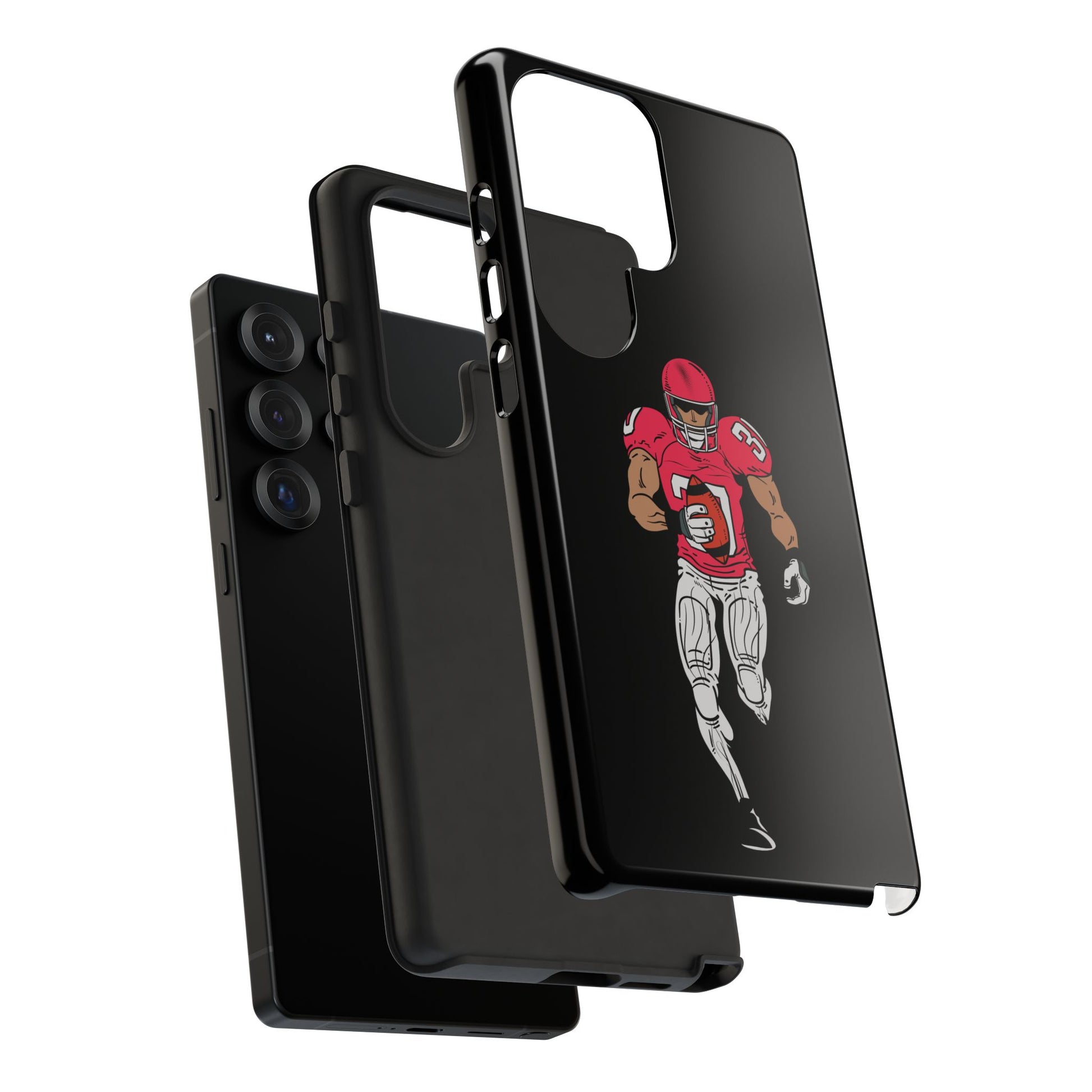 Black protective phone case with football player design, sports theme, for iPhone, by Printify.