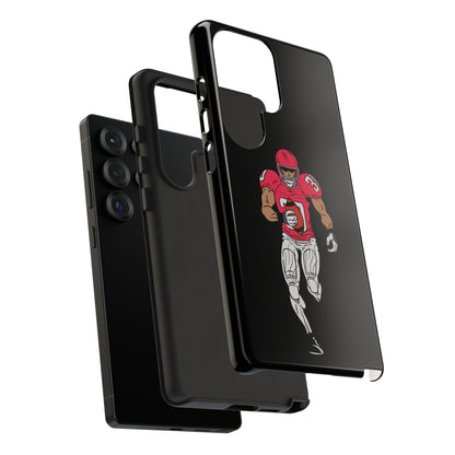 Black protective phone case with football player design, sports theme, for iPhone, by Printify.