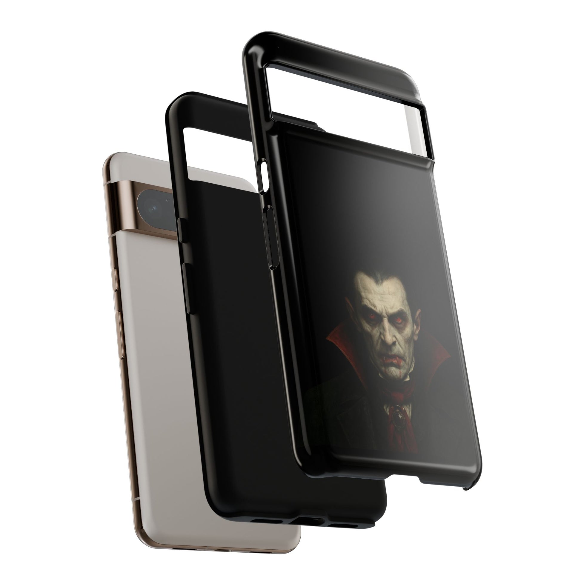 Gothic vampire portrait phone case with Dracula horror design for iPhone, featuring dark, eerie artwork by Printify.