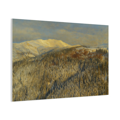 Winter mountain landscape matte canvas print by Printify, stretched 1.25 inches, featuring snowy peaks and scenic mountain scenery.